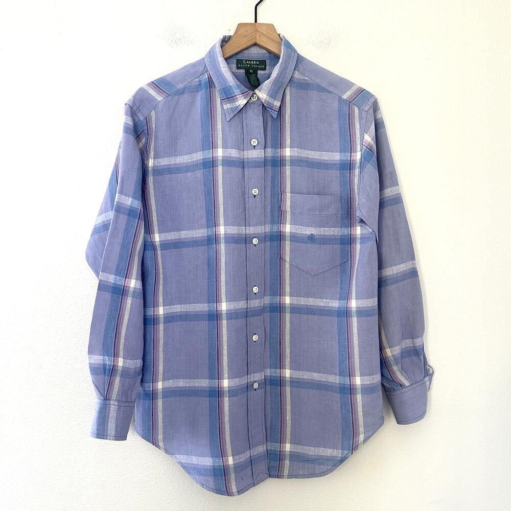 Vintage 100% LInen Lauren Ralph Lauren Button Down Shirt Sz M Plaid Preppy Indie